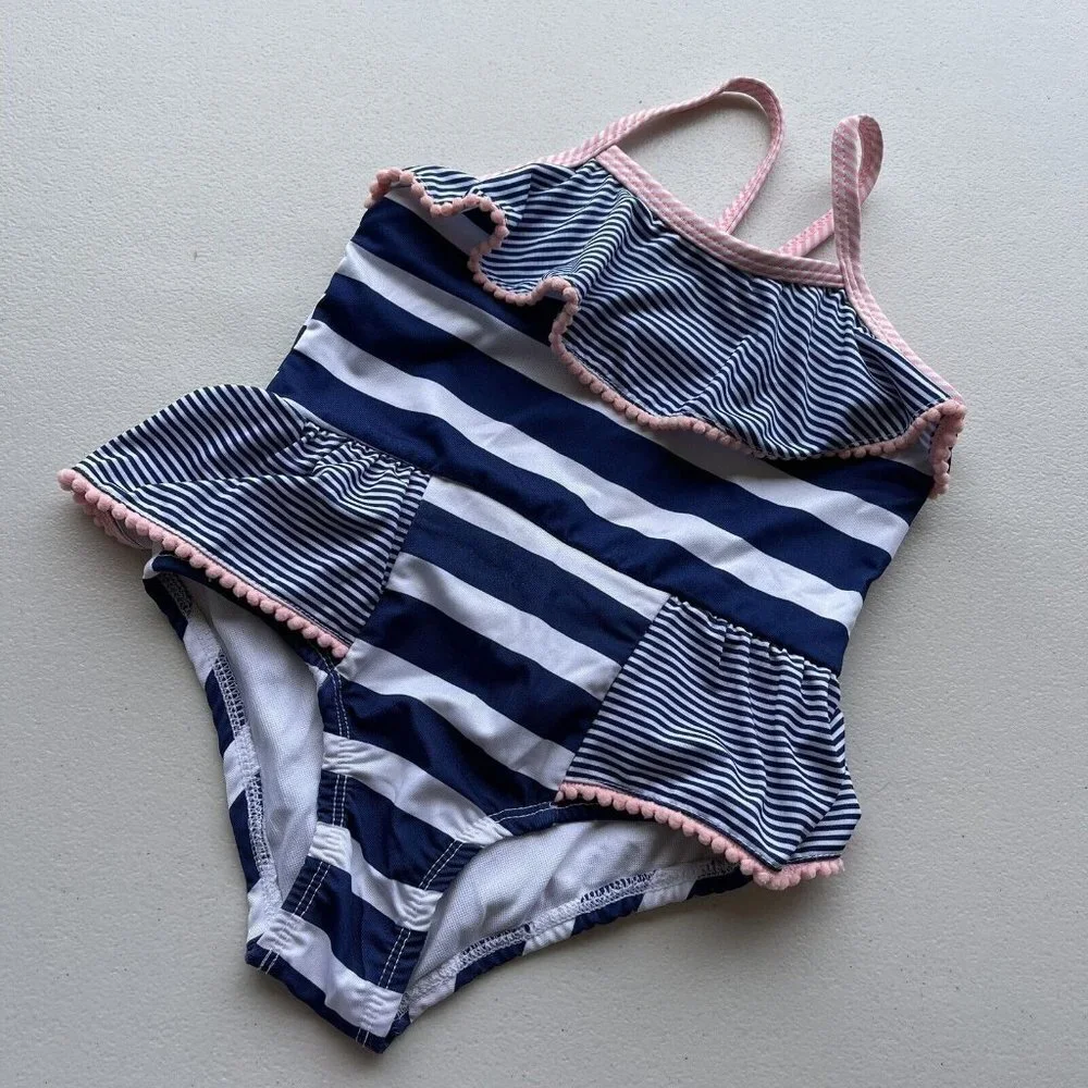 Penelope Mack Girls Size 6 Striped One Piece Swimsuit White Pink Blue - Picture 1 of 5